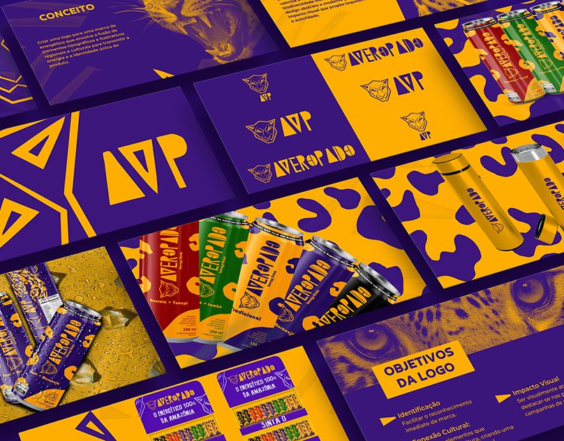 Peças da identidade do energético Averopado em roxo e amarelo