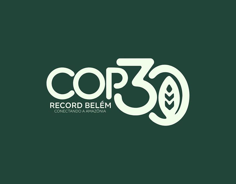 Marca COP 30 Record Belém, Conectando a Amazônia, em branco sobre verde