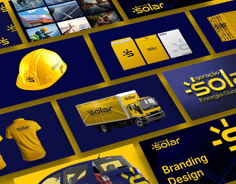 Aplicações da Geração Solar em azul e amarelo: capacete, uniforme, caminhão e papelaria