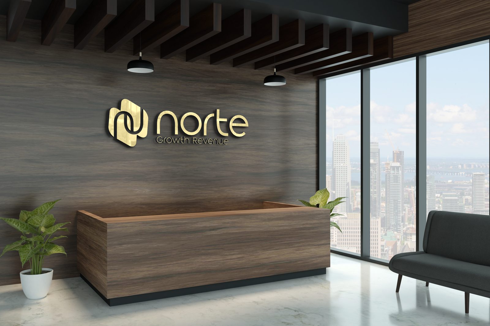 Recepção corporativa com o logotipo da Norte Growth Revenue em dourado sobre parede de madeira